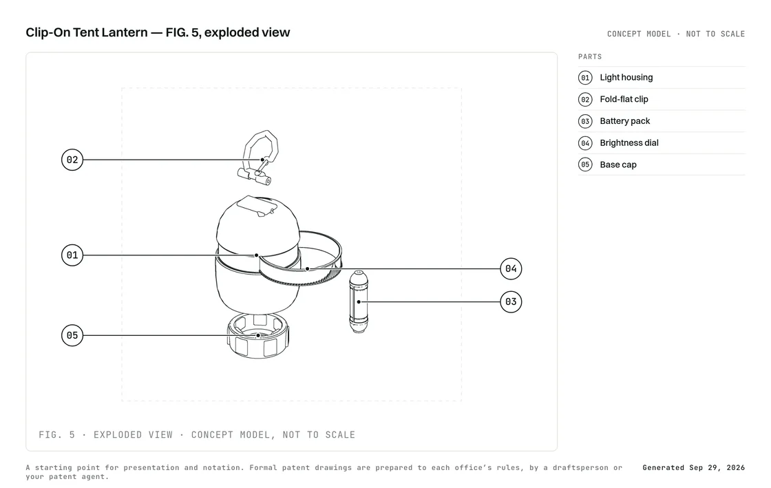 Exploded view of the Clip-On Tent Lantern